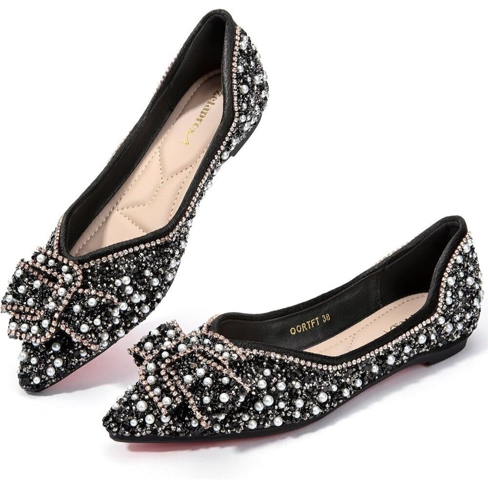🆕Women Silver Rhinestone Flats Bowknot Pointed Toe Dark Suede Ballet Shoe